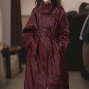 Geacă lungă din piele artificială cu guler stand, croială în A, țesătură chenille, primăvara 2025