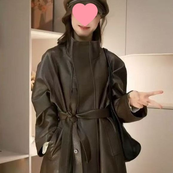 Geacă lungă din piele artificială cu guler stand, croială în A, țesătură chenille, primăvara 2025