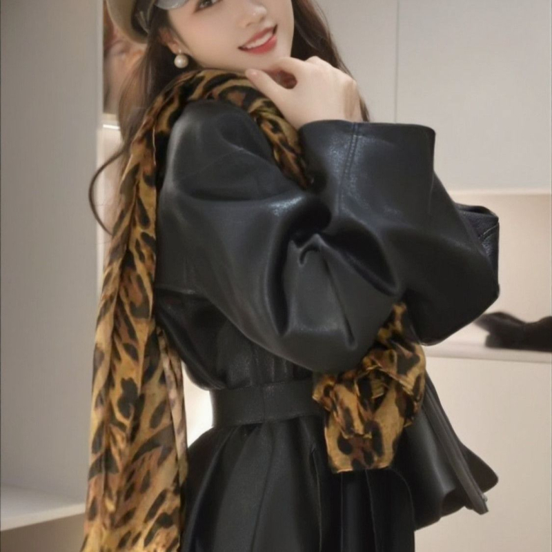 Geacă lungă din piele artificială cu guler stand, croială în A, țesătură chenille, primăvara 2025