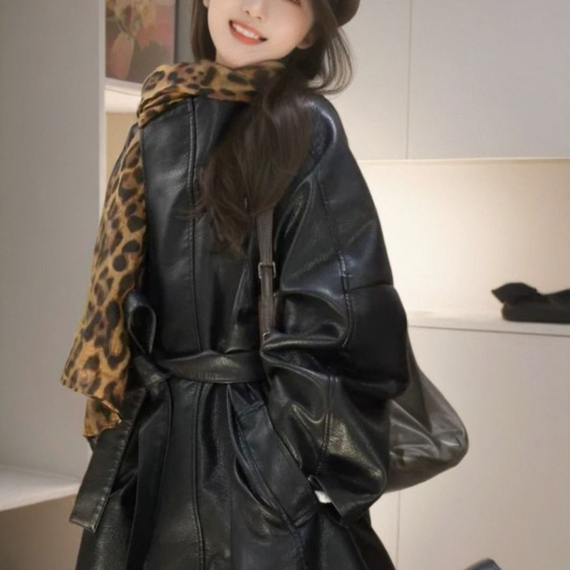 Geacă lungă din piele artificială cu guler stand, croială în A, țesătură chenille, primăvara 2025