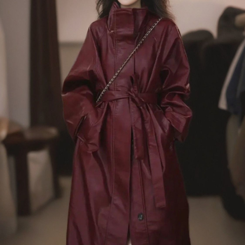 Geacă lungă din piele artificială cu guler stand, croială în A, țesătură chenille, primăvara 2025