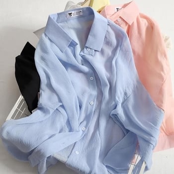 Шифонена риза за жени, дълъг ръкав, едноцветна, урбан стил, поло яка, 90–95% полиестер