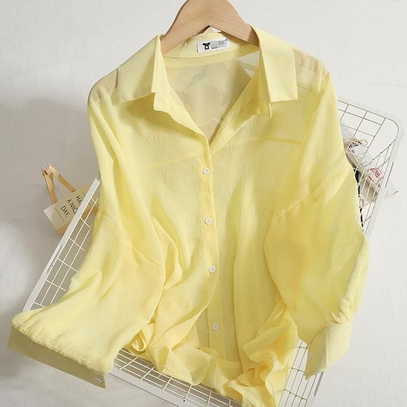 Шифонена риза за жени, дълъг ръкав, едноцветна, урбан стил, поло яка, 90–95% полиестер