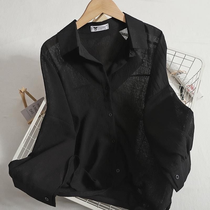 Шифонена риза за жени, дълъг ръкав, едноцветна, урбан стил, поло яка, 90–95% полиестер