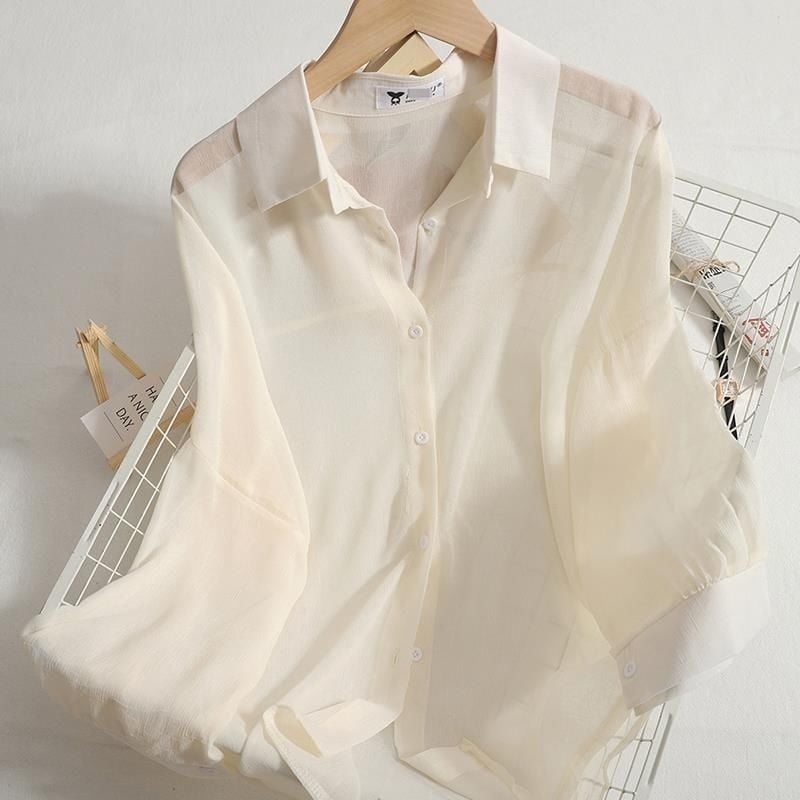 Шифонена риза за жени, дълъг ръкав, едноцветна, урбан стил, поло яка, 90–95% полиестер