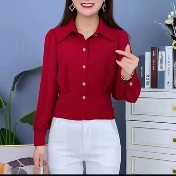 Риза с дълги ръкави, поло яка, талията се оформя, къс модел, вълнена смес плат