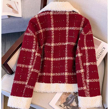 Ženski poliester jakna s kariranim uzorkom, labav kroj, polo ovratnik, patchwork detalji, stil Little Fragrant Wind