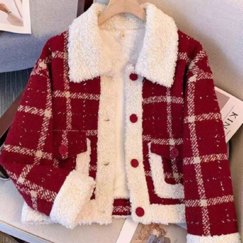 Ženski poliester jakna s kariranim uzorkom, labav kroj, polo ovratnik, patchwork detalji, stil Little Fragrant Wind