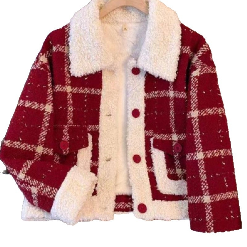 Ženski poliester jakna s kariranim uzorkom, labav kroj, polo ovratnik, patchwork detalji, stil Little Fragrant Wind