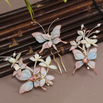 Kézzel készített hajcsat kínai vintage stílusban, virágos díszítés, textilekből, női kiegészítő