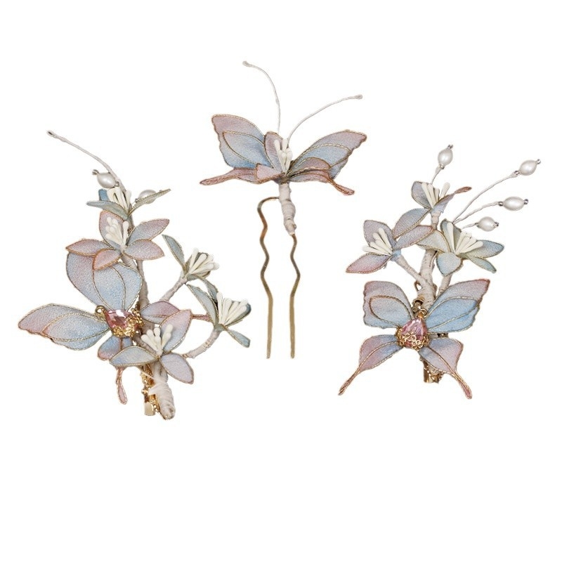 Kézzel készített hajcsat kínai vintage stílusban, virágos díszítés, textilekből, női kiegészítő