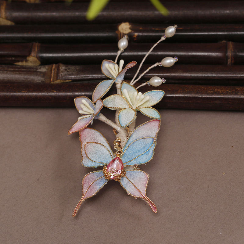 Kézzel készített hajcsat kínai vintage stílusban, virágos díszítés, textilekből, női kiegészítő