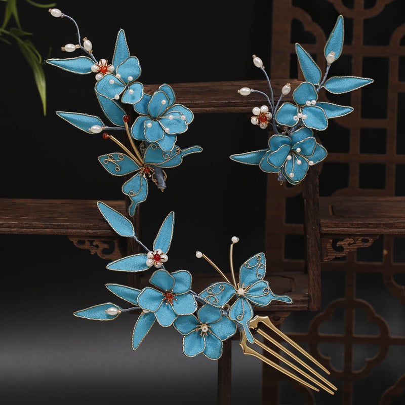 Pillangó filigrán hajcsat készlet, kézzel készített textil hajdísz virágos stílussal – esküvőre (2025 tavasz)