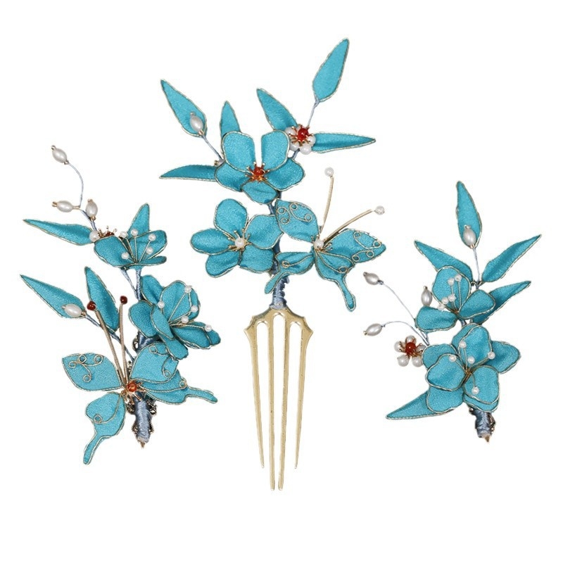 Pillangó filigrán hajcsat készlet, kézzel készített textil hajdísz virágos stílussal – esküvőre (2025 tavasz)