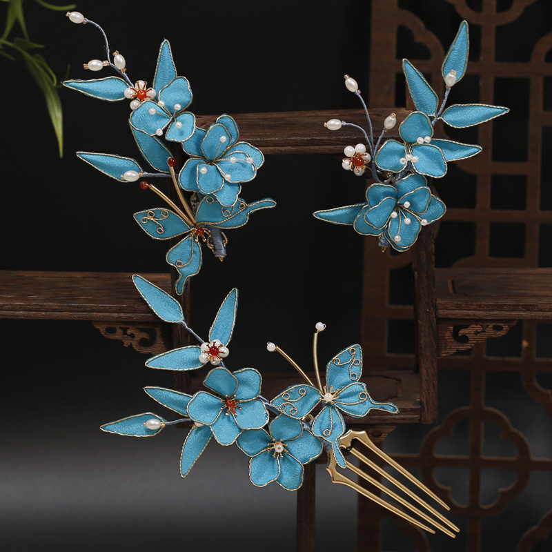 Pillangó filigrán hajcsat készlet, kézzel készített textil hajdísz virágos stílussal – esküvőre (2025 tavasz)