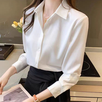 Професионална дамска блуза за работа, дълги ръкави, подплатена, поло яка, копчета в една редица, копринен блясък, Vinylon влакна