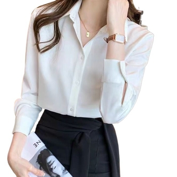 Професионална дамска блуза за работа, дълги ръкави, подплатена, поло яка, копчета в една редица, копринен блясък, Vinylon влакна