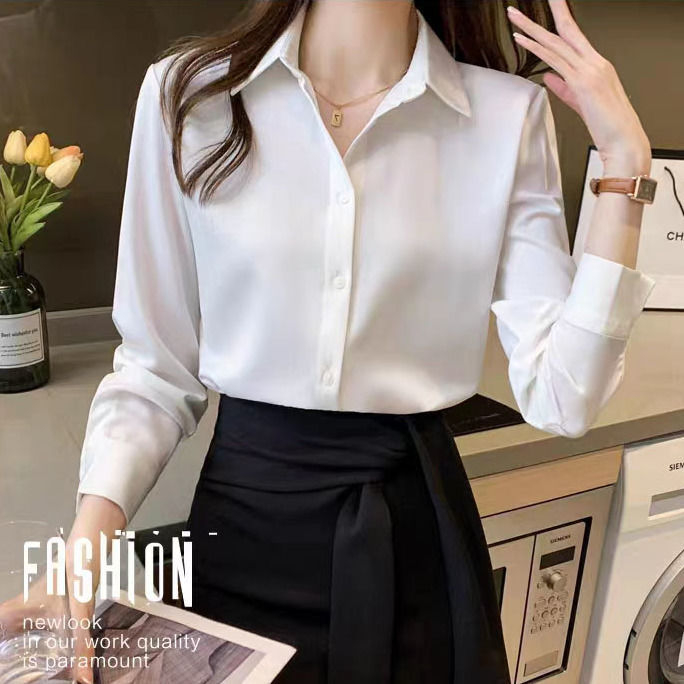 Професионална дамска блуза за работа, дълги ръкави, подплатена, поло яка, копчета в една редица, копринен блясък, Vinylon влакна