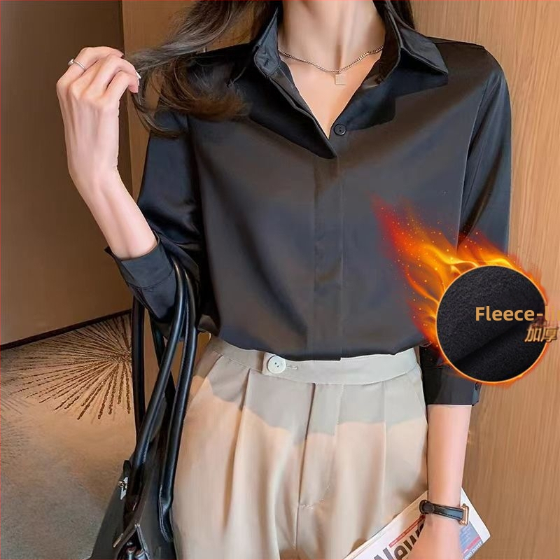 Професионална дамска блуза за работа, дълги ръкави, подплатена, поло яка, копчета в една редица, копринен блясък, Vinylon влакна