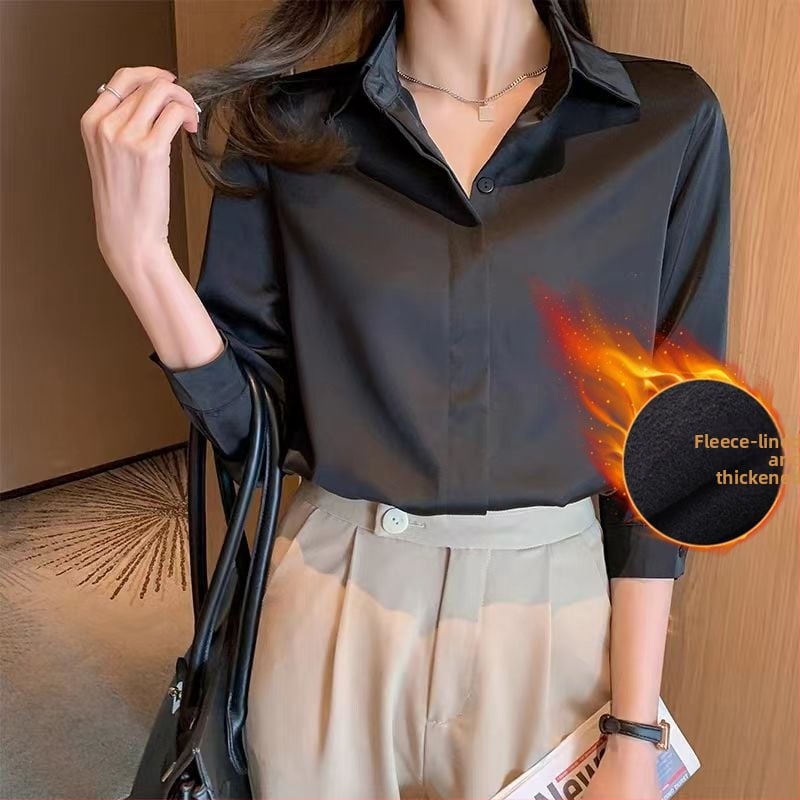 Професионална дамска блуза за работа, дълги ръкави, подплатена, поло яка, копчета в една редица, копринен блясък, Vinylon влакна