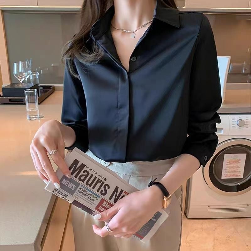 Професионална дамска блуза за работа, дълги ръкави, подплатена, поло яка, копчета в една редица, копринен блясък, Vinylon влакна