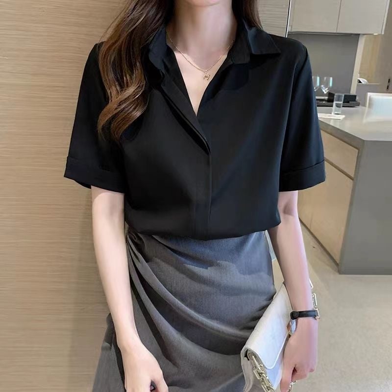 Професионална дамска блуза за работа, дълги ръкави, подплатена, поло яка, копчета в една редица, копринен блясък, Vinylon влакна