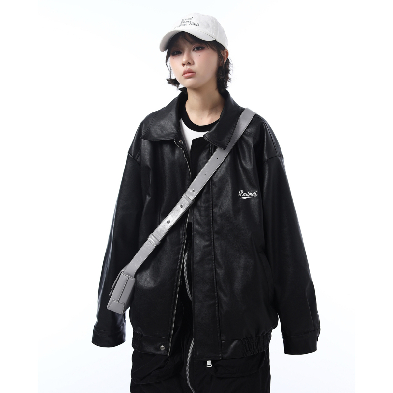 Ανδρικό PU δερμάτινο τζάκετ με κουκούλα, χαλαρή γραμμή, τσέπες κατά μήκος