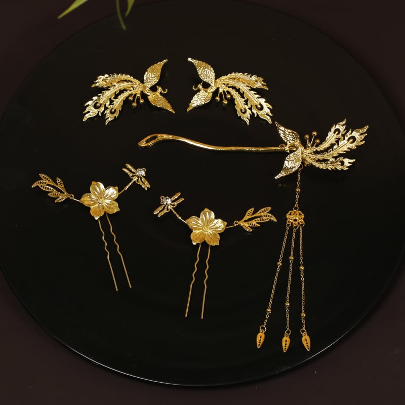 Menyasszonyi fejfedő sárkány-főnix motívummal, kézzel készített fém hajtű, vintage stílus, virág forma, esküvőre alkalmas