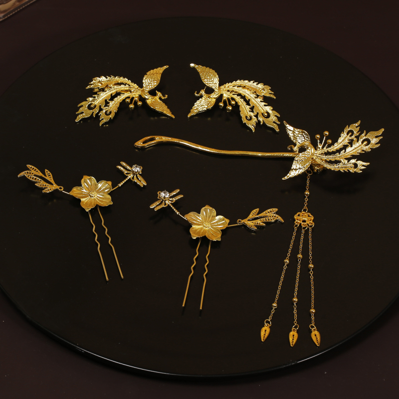 Νυφικό κεφαλόδεμα με μοτίβο δράκος-φοίνιξ, χειροποίητο μεταλλικό κλάμερ μαλλιών, ρετρό στυλ, μορφή λουλουδιών, κατάλληλο για γάμο