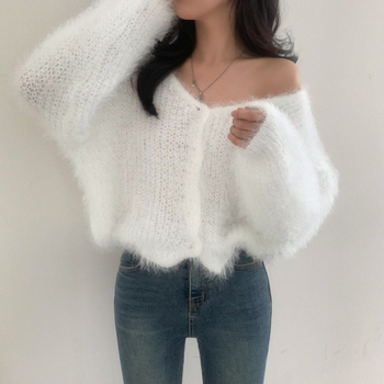 Ženski cardigan od chenille i spandeksa, opuštena silueta, polo ovratnik, duge princeze rukave, patchwork pletena, jesen 2024