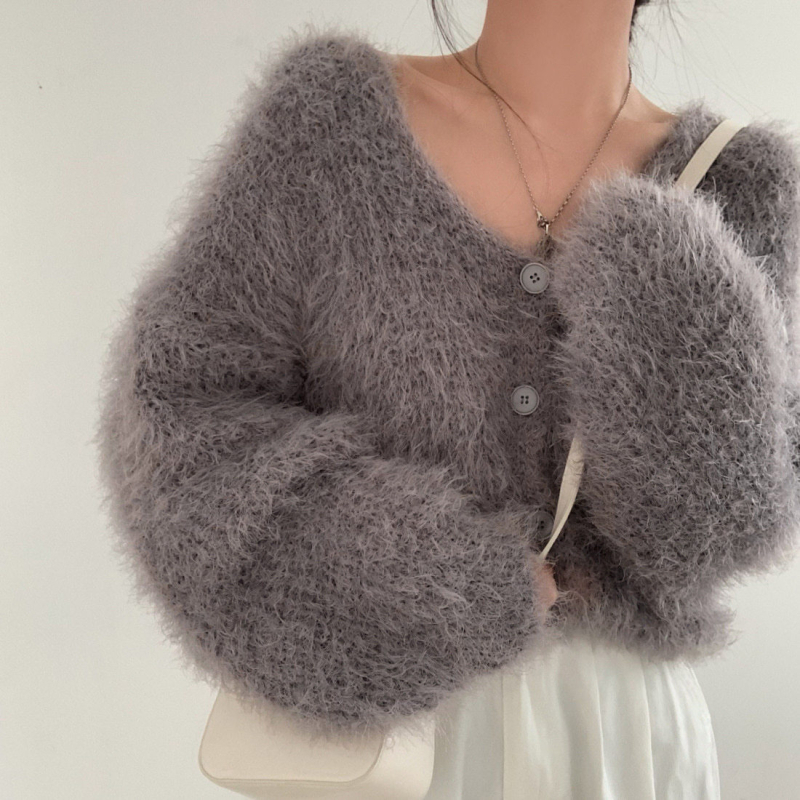 Ženski cardigan od chenille i spandeksa, opuštena silueta, polo ovratnik, duge princeze rukave, patchwork pletena, jesen 2024