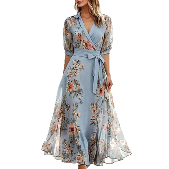 A-vonalú hosszú ruha, botanikus virágos mintával, kerek nyakú, rövid ujjú, poliészter