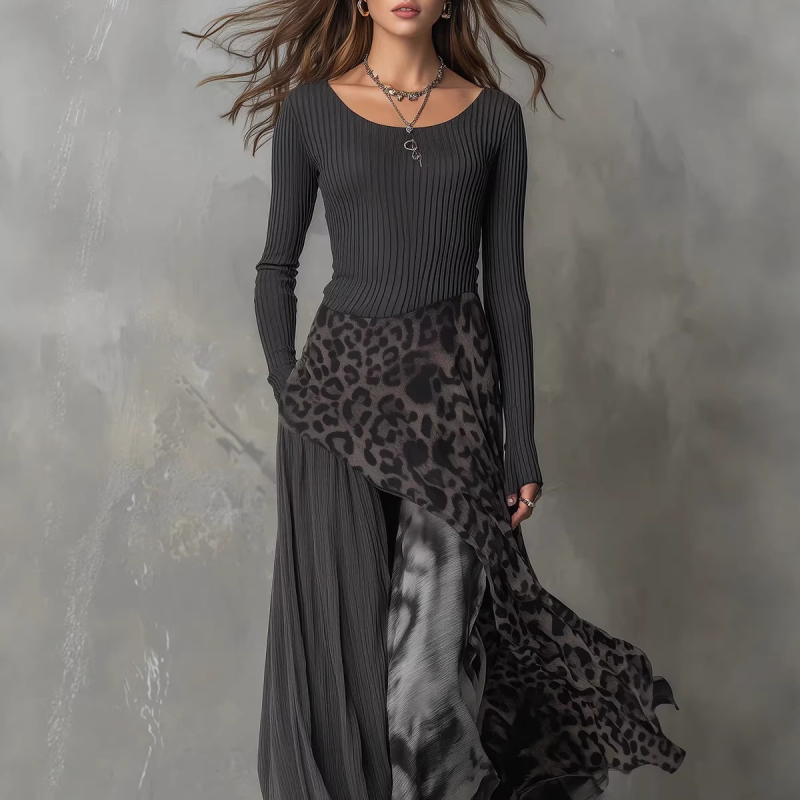 Leopard uzorak patchwork duga haljina, visokim strukom, okrugli izrez, dugi rukavi – europsko-američki stil