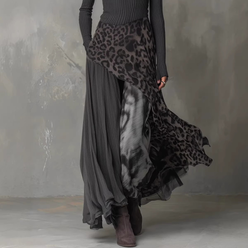 Leopard uzorak patchwork duga haljina, visokim strukom, okrugli izrez, dugi rukavi – europsko-američki stil