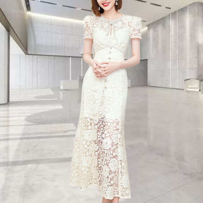 Csipkés, rövid ujjú ruha masnival, karcsúsított szabásvonalú, hosszú ruha, poliészter 90–95%