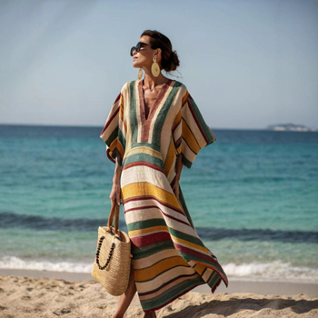 Kaftan haljina s V-izrezom, 3/4 dolman rukavi, duga nepravilna suknja, Mercerizirani poliester (≥95%)