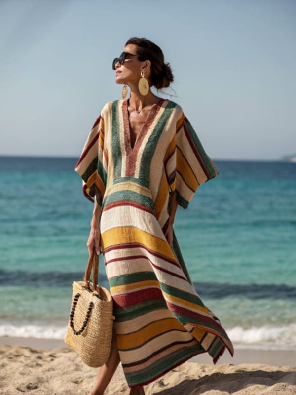Kaftan haljina s V-izrezom, 3/4 dolman rukavi, duga nepravilna suknja, Mercerizirani poliester (≥95%)
