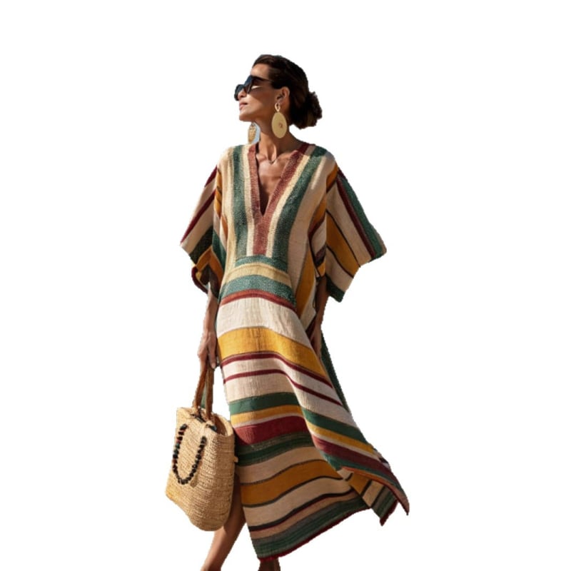 Kaftan haljina s V-izrezom, 3/4 dolman rukavi, duga nepravilna suknja, Mercerizirani poliester (≥95%)