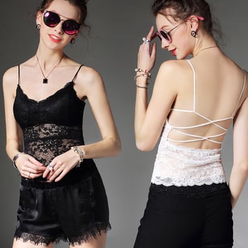 Дамски дантелен потник с кръстосан гръб, V-образно деколте, дълъг модел