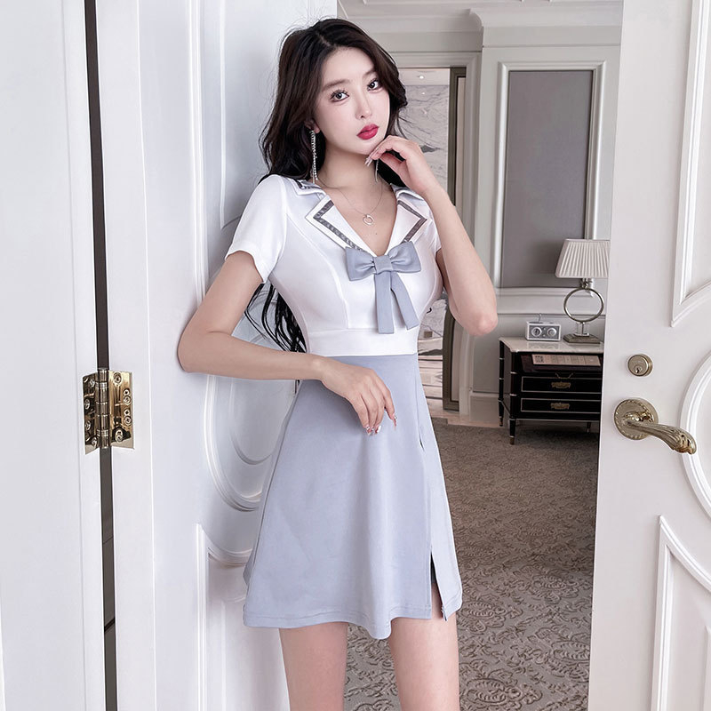 A-vonalú ruha V-nyakú, rövid ujjú, poliészter anyag, elegáns üzleti stílus