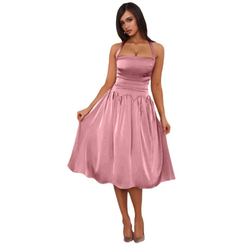 Ruha, vintage halter nyakú, hát nyitott, középméretű hossz, ernyő-siluett, magas derék, egyszínű poliészter-spandex