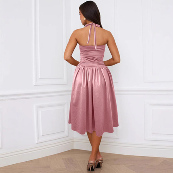 Ruha, vintage halter nyakú, hát nyitott, középméretű hossz, ernyő-siluett, magas derék, egyszínű poliészter-spandex