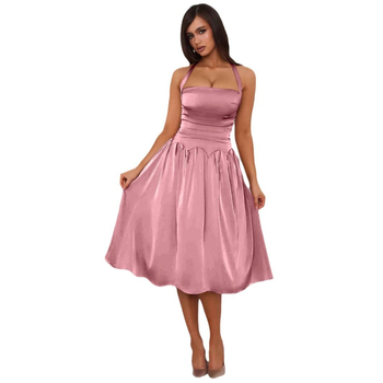 Ruha, vintage halter nyakú, hát nyitott, középméretű hossz, ernyő-siluett, magas derék, egyszínű poliészter-spandex