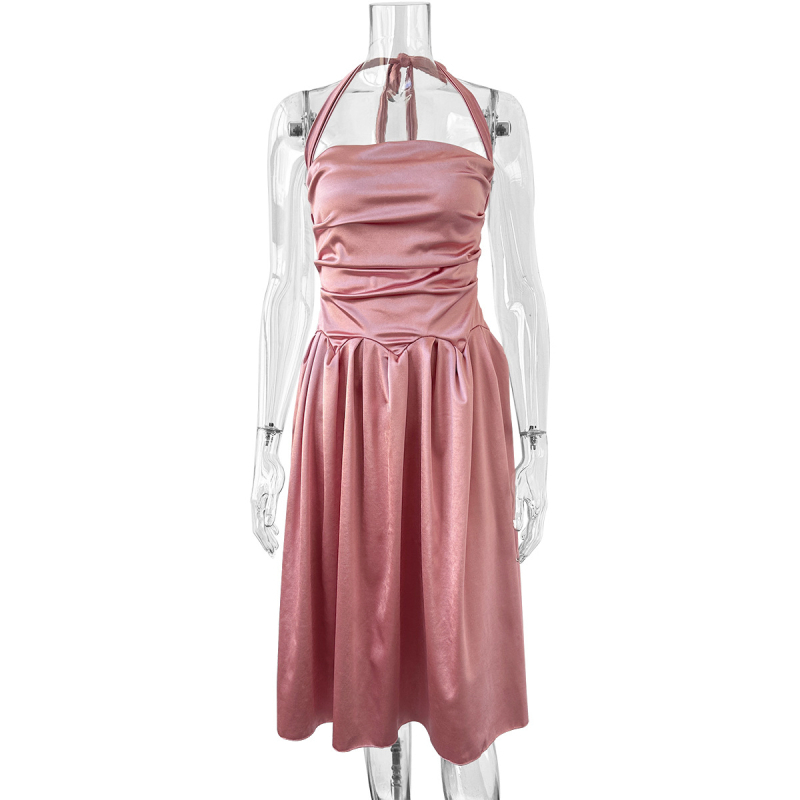 Ruha, vintage halter nyakú, hát nyitott, középméretű hossz, ernyő-siluett, magas derék, egyszínű poliészter-spandex