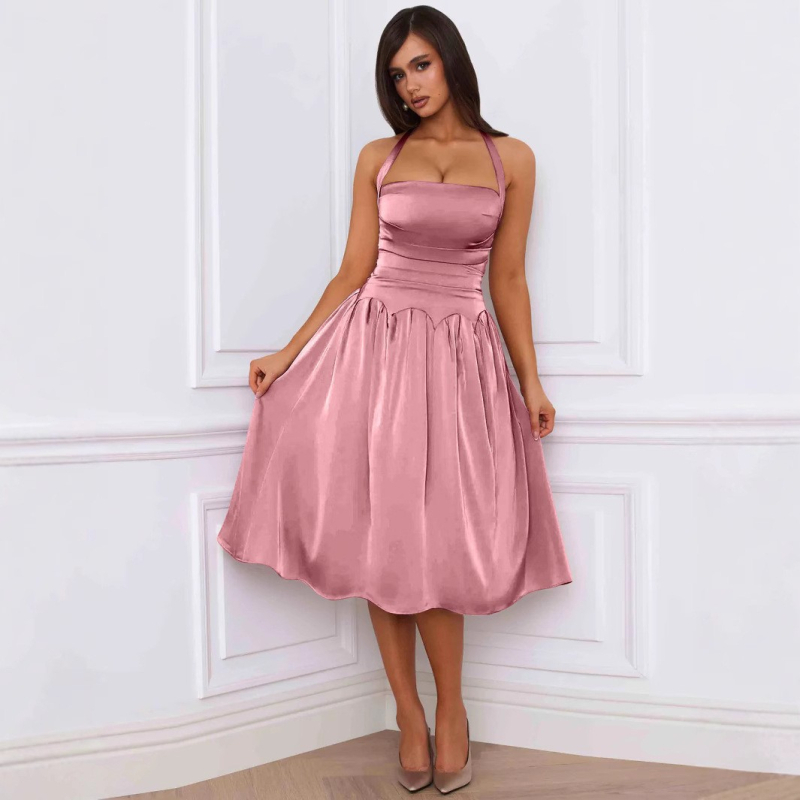 Ruha, vintage halter nyakú, hát nyitott, középméretű hossz, ernyő-siluett, magas derék, egyszínű poliészter-spandex