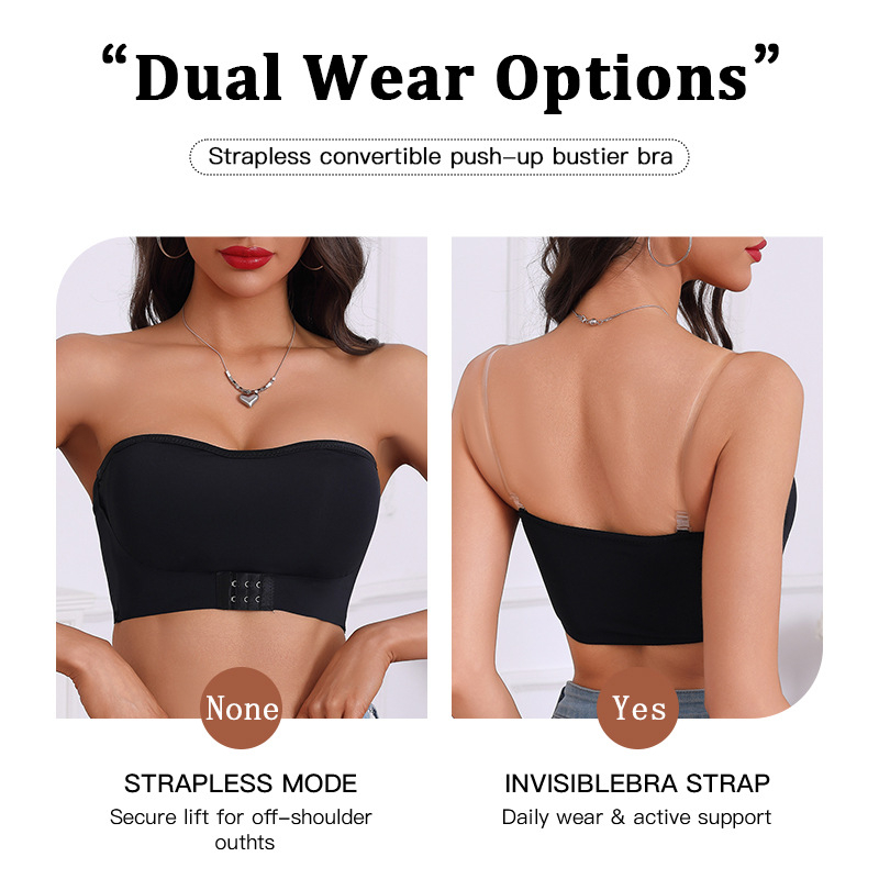 Top bez ramena bandeau s push-up efektom, pune šalice, tanki oblik košarica, najlon tkanina