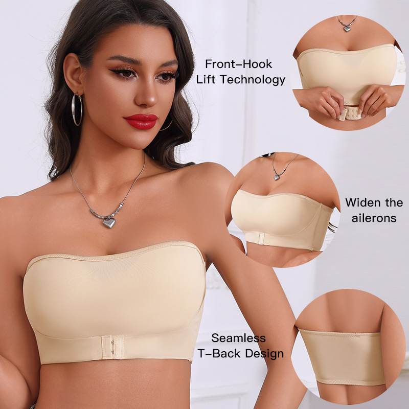 Top bez ramena bandeau s push-up efektom, pune šalice, tanki oblik košarica, najlon tkanina