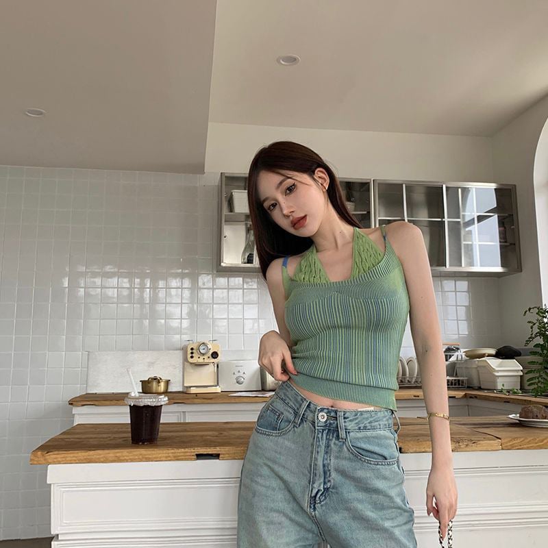 Халтер топ с 3D ефект, тънък силует, Core-spun прежда, 70–80% спандекс, летен стил