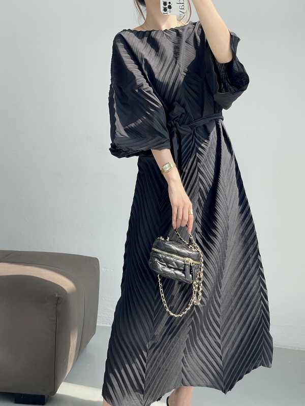 Zheyi plisirana midi haljina s dekolteom preko ramena off-shoulder dolman rukavi bez zatvaranja jednobojna poliester moth yarn tkanina