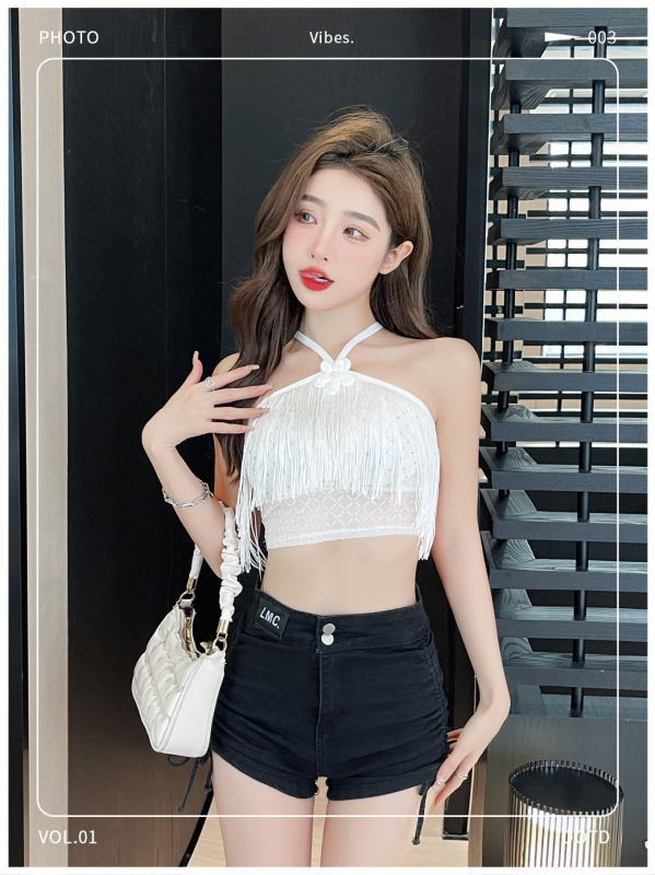 Wrap grudnjak / tube top s halter dizajnom i tassel detaljima, cvjetni bandeau, lijep leđa, mrežasti materijal, najlon